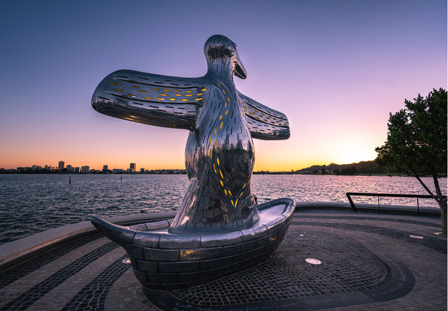 First contact sculpture at Elizabeth Quay at dusk