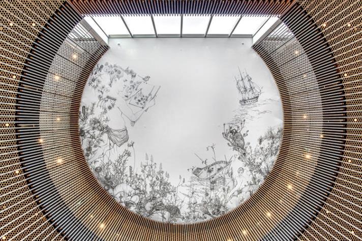 Circular artwork 'Delight and Hurt' on the ceiling of the City of Perth Library