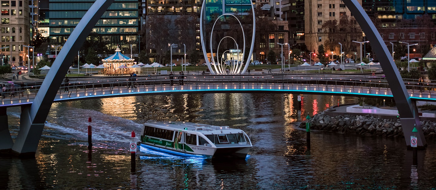 Perth ferry to South Perth going under the Elizabeth Quay bridge