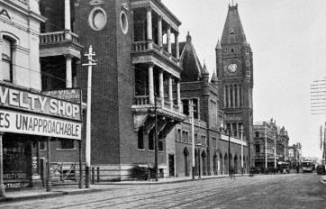 View of Hay Street looking west, showing Town Hall and jarrah wood pavement just completed, 1898