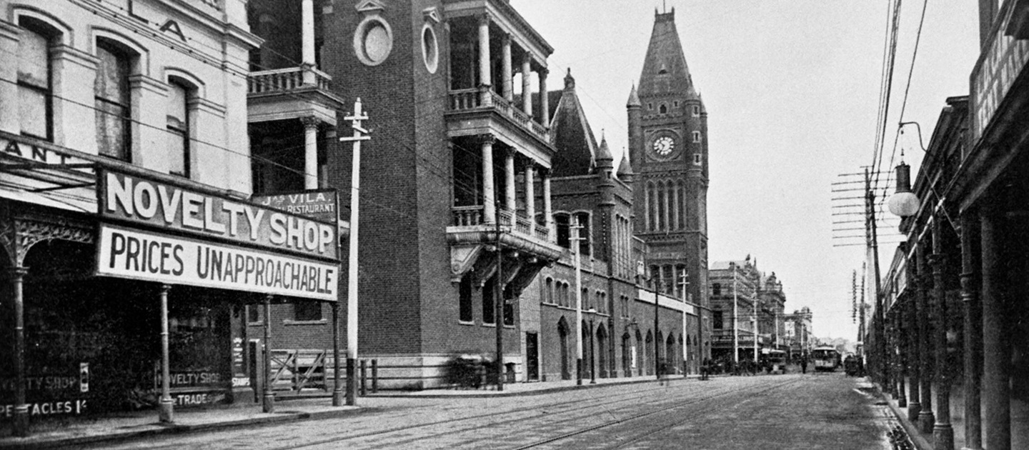 View of Hay Street looking west, showing Town Hall and jarrah wood pavement just completed, 1898