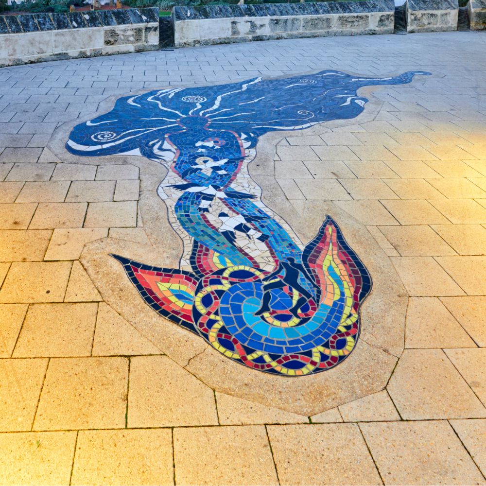 Mosaic featuring Noongar dreaming story of an evil spirit woman known as the Charnock woman