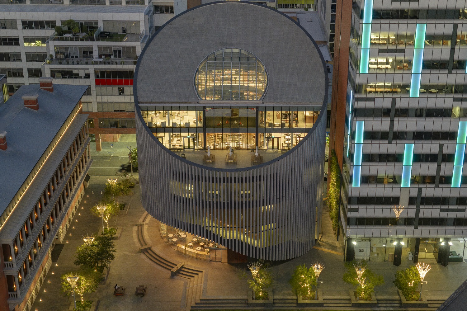 Aerial view of City of Perth Library at night