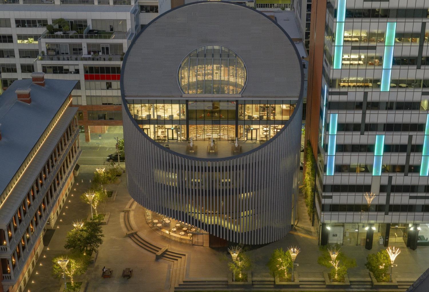Aerial view of City of Perth Library at night